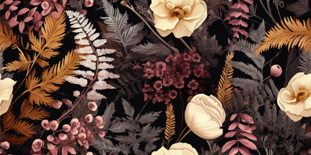Seamless floral pattern, vintage natural print with large flowers, leaves, fern. Elegant botanical design: hand drawn wildflowers, leaves, branches, herbs on background. Vector illustrationのイラスト素材