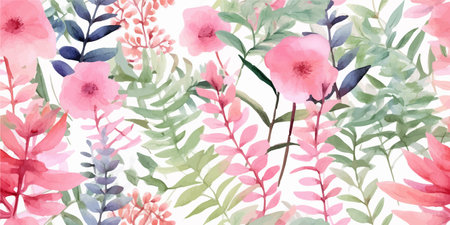 Seamless floral pattern with tropical leaves and pink flowers, leaves, ferns, watercolor print. Modern exotic jungle plants illustration, contemporary Fashionable templateのイラスト素材