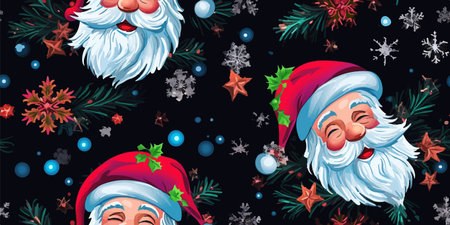 Funny Santa face with holly on black background with snowflakes, vector seamless Christmas pattern, Merry Trendy funky retro cartoon style. Greeting background, wrapping paper, textile, wallpaper.のイラスト素材
