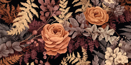 Seamless floral pattern, vintage natural print with large flowers, leaves, fern. Elegant botanical design: hand drawn wildflowers, leaves, branches, herbs on background. Vector illustrationのイラスト素材