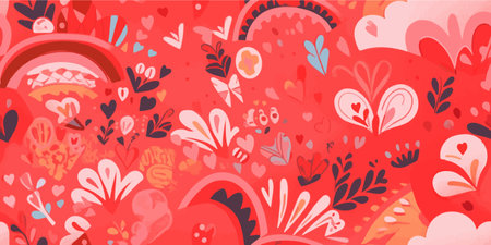 Trendy seamless pattern with red flowers elements, hearts, valentines day backgrounds print, Vector illustration.のイラスト素材