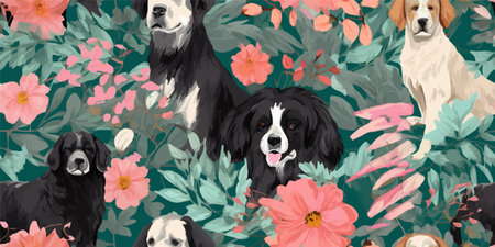 Cute cartoon spring summer dogs and flowers. Vector print pet in garden. Floral seamless patternのイラスト素材