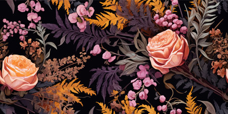 Seamless floral pattern, vintage natural print with large flowers, leaves, fern. Elegant botanical design: hand drawn wildflowers, leaves, branches, herbs on background. Vector illustrationのイラスト素材