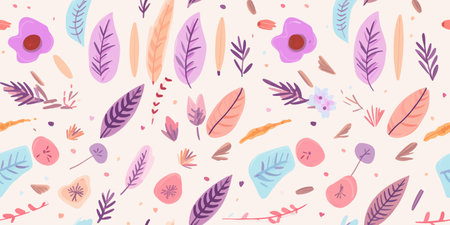 Abstract hand drawn boho flower art seamless pattern illustration. Acrylic paint nature floral with feather background in vintage art style. Spring summer season painting printのイラスト素材
