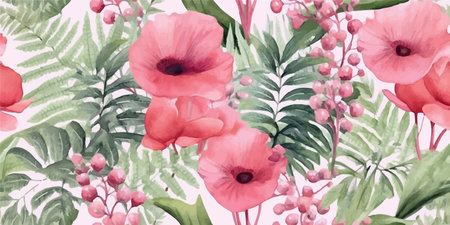 Seamless floral pattern with tropical leaves and pink flowers, leaves, ferns, watercolor print. Modern exotic jungle plants illustration, contemporary Fashionable templateのイラスト素材