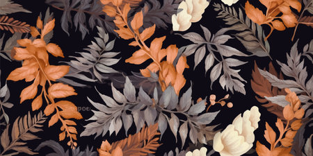 Seamless floral pattern, vintage natural print with large flowers, leaves, fern. Elegant botanical design: hand drawn wildflowers, leaves, branches, herbs on background. Vector illustrationのイラスト素材