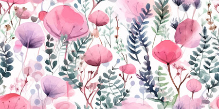 Seamless floral pattern with tropical leaves and pink flowers, leaves, ferns, watercolor print. Modern exotic jungle plants illustration, contemporary Fashionable templateのイラスト素材