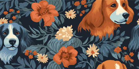 Cute cartoon spring summer dogs and flowers. Vector print pet in garden. Floral seamless patternのイラスト素材