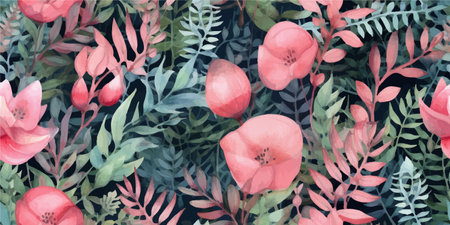 Seamless floral pattern with tropical leaves and pink flowers, leaves, ferns, watercolor print. Modern exotic jungle plants illustration, contemporary Fashionable templateのイラスト素材