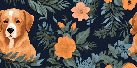 Cute cartoon spring summer dogs and flowers. Vector print pet in garden. Floral seamless patternのイラスト素材