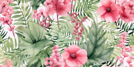 Seamless floral pattern with tropical leaves and pink flowers, leaves, ferns, watercolor print. Modern exotic jungle plants illustration, contemporary Fashionable templateのイラスト素材