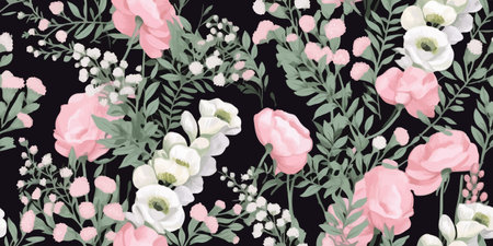 Seamless pattern with pink white flowers, fern and leaves. Botanical illustration. Vector.のイラスト素材