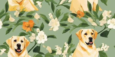 Cute cartoon spring summer dogs and flowers. Vector print pet in garden. Floral seamless patternのイラスト素材
