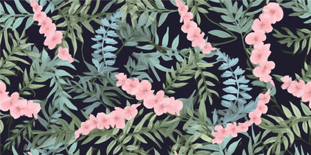 Seamless pattern with pink white flowers, fern and leaves. Botanical illustration. Vector.のイラスト素材