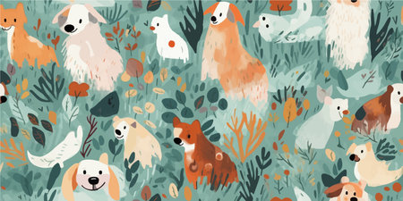 Cute cartoon spring summer dogs and flowers. Vector print pet in garden. Floral seamless patternのイラスト素材