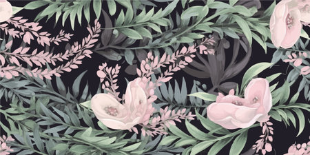Seamless pattern with pink white flowers, fern and leaves. Botanical illustration. Vector.のイラスト素材