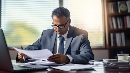 Indian business man, busy mature executive manager holding financial accounting papers checking banking income documents file report using laptop computer working in office sitting at deskの素材