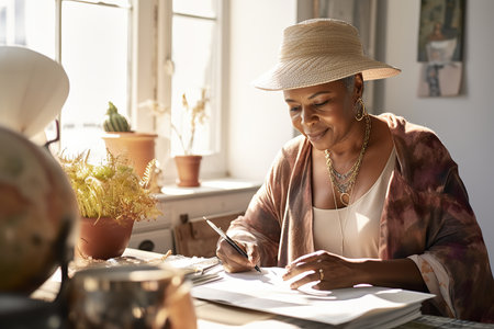 Senior African American woman packing her travel documents for a global adventureの素材