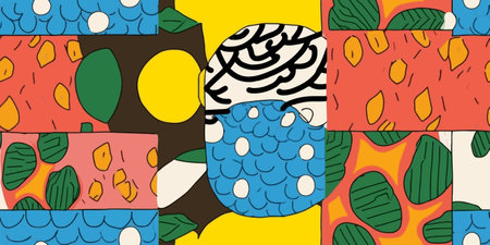 Naive art style vector pattern made with hand-drawn doodles and simple geometric forms and shapes,...