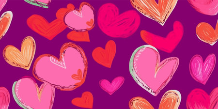 Red love heart seamless pattern illustration. Cute romantic pink hearts background print. Valentine's day holiday backdrop texture, romantic wedding design.のイラスト素材