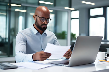 Young busy professional business man checking document working at laptop computer in office. Serious businessman accountant expert reading legal paper company file overview at workplace.の素材