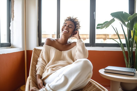 Young relaxed smiling woman relaxing sitting on chair at home. Happy positive beautiful lady feeling joy enjoying wellbeing, lounge chilling near window in modern cozy apartment interiorの素材