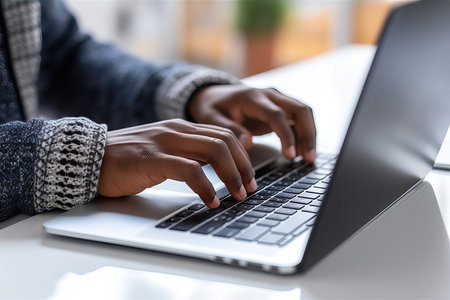 Bearded business man hands typing on laptop keyboard searching information in internet, businessman working with ai solutions on computer, doing digital financial management. Close up.の素材