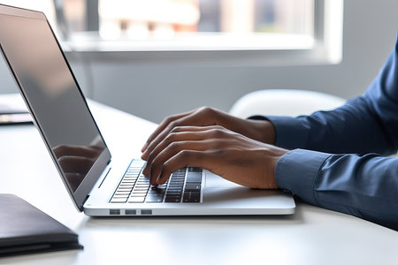 Bearded business man hands typing on laptop keyboard searching information in internet, businessman working with ai solutions on computer, doing digital financial management. Close up.の素材