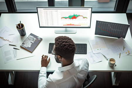 Busy business man trader broker analyst investor using laptop computer analyzing stock trade crypto market digital data investing finances in stockmarket working in officeの素材