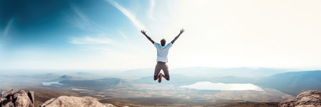 Happy man with arms up jumping on the top of the mountain, Successful hiker celebrating success on the cliff, Life style concept with young male climbing in the forest pathway.の素材