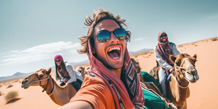 Happy tourist having fun enjoying group camel ride tour in the desert, Travel, life style, vacation activities and adventure.の素材