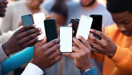 Teens in circle holding smart mobile phones, Multicultural young people using cellphones outside, Teenagers addicted to new technology.の素材