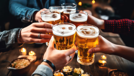 Group of people drinking beer at brewery pub restaurant, Happy friends enjoying happy hour sitting at bar table, Closeup image of brew glasses, Food and beverage lifestyle.の素材