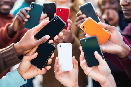 Group of young people using smart mobile phone device outside, Trendy technology concept with guys girls playing video games app on smartphone.の素材
