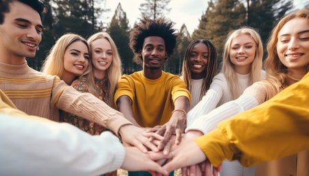 Multi ethnic young people team stacking hands together outside, International university students support and help each other, Friendship, team building, human relationship and diversity.の素材