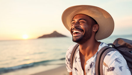 Portrait of cheerful young man with hat with backpack enjoying sunset at the beach, Laughing guy having fun outside, Well being, healthy life style and traveling.の素材
