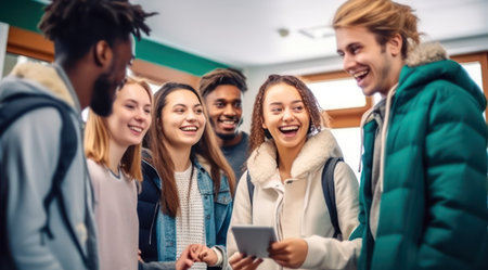 Group of young people takes room key card at check in of youth hostel guest house, Happy tourists talking with receptionist at hotel lobby, Summer vacations and tourism.の素材