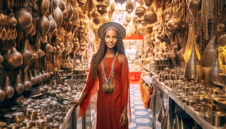 Young traveling woman visiting a copper souvenir handicraft shop in old city, Travel lifestyle concept.の素材