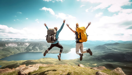 Hikers with backpacks jumping with arms up on top of a mountain, Couple of young happy travelers climbing the peak, Family, travel and adventure.の素材