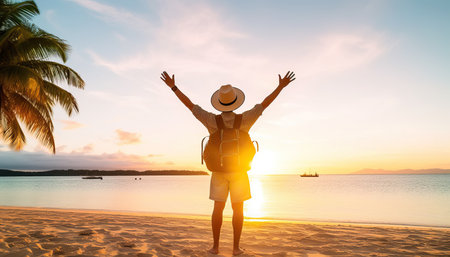 Happy man wearing hat and raising backpack arms up on the beach at sunset , Delightful man enjoying peaceful moment walking outdoors , Wellness, healthcare, traveling and mental health.の素材