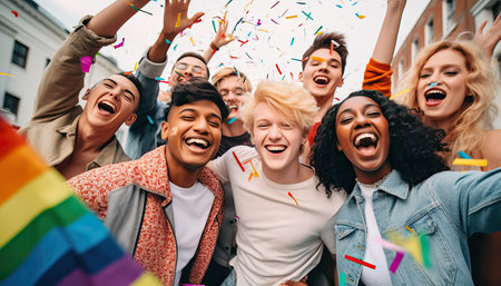 Diverse group of young people celebrating gay pride festival day, Lgbt community concept with guys and girls hugging together outdoors, Multiracial cheerful friends.の素材
