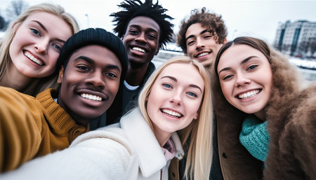 Multiracial friends taking selfie pic outdoors , Happy young people having fun walking on city street , Life style concept with guys and girls hanging outside , College students smiling at cameraの素材