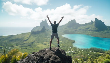 Happy man with open arms jumping on the top of mountain , Hiker with backpack celebrating success outdoor , People, success and sportの素材