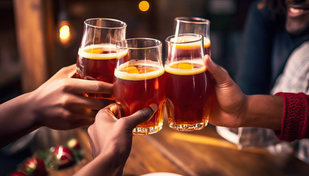 Group of people enjoying and toasting a beer in brewery pub , Friendship concept with young people having fun together.の素材