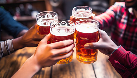 Group of people enjoying and toasting a beer in brewery pub , Friendship concept with young people having fun together.の素材