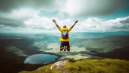 Man traveler on mountain summit enjoying nature view with hands raised over clouds, Sport, travel business and success, leadership and achievement.の素材