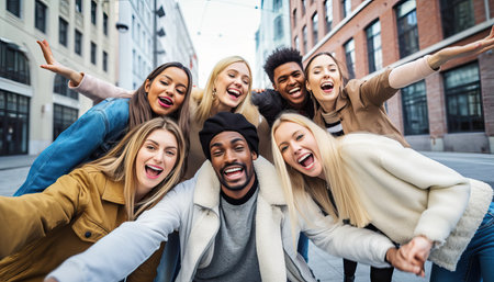 Multi ethnic friends having fun on city street, Youth community concept with group of young people smiling together at camera, University students standing in college campus.の素材