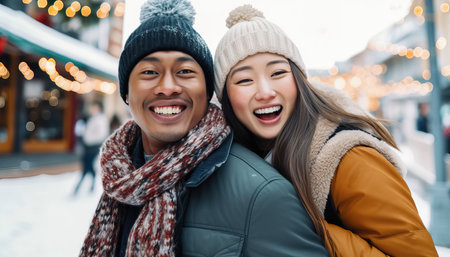 Multiracial couple in love wearing winter clothes celebrating Christmas holiday, Husband and wife having fun hanging out together walking on city street, Winter holidays and relationship.の素材
