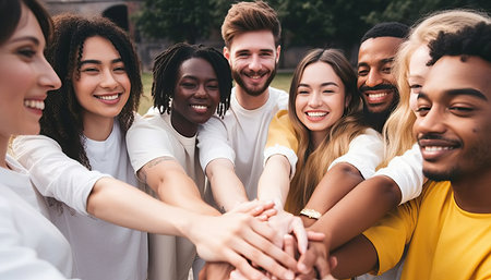 Multi ethnic young people team stacking hands together outside, International university students support and help each other, Friendship, team building, human relationship and diversity.の素材