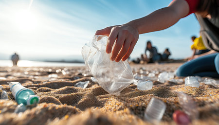 Group of eco volunteers picking up trash plastic on the beach, Activist people collecting garbage protecting the planet, Ocean pollution, environmental conservation and ecology.の素材